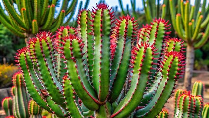 "Desert succulent Euphorbia leuconeura grows upright with bright green stems and red highlights, reaching 3 feet tall and 2 feet wide, surrounded by sharp spines."