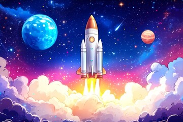 Fototapeta premium World Space Week. Illustration about space with a rocket. The spaceship flies through time and space to new unknown worlds. Book illustration for science fiction or fantasy. Future space exploration.