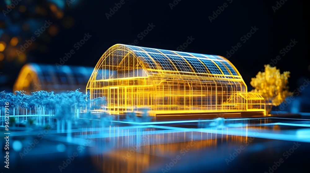 Poster digital 3d hologram display showcasing a futuristic greenhouse model designed for efficient automate