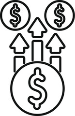 Simple line icon showing the concept of money increasing with up arrows symbolizing financial growth