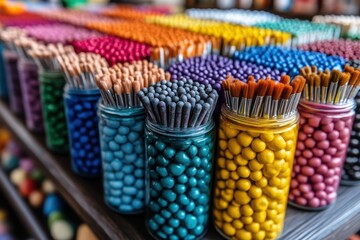 Rows of jars filled with vibrant art brushes and matching colored beads, neatly organized on display, ideal for creative crafting projects.