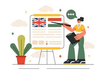 Language School Vector Illustration of Online Learning, Courses, Training Programs, and Studying Foreign Languages Abroad in a Flat Style Background