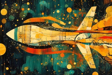 World Space Week. Illustration about space with a rocket. The spaceship flies through time and space to new unknown worlds. Book illustration for science fiction or fantasy. Future space exploration.