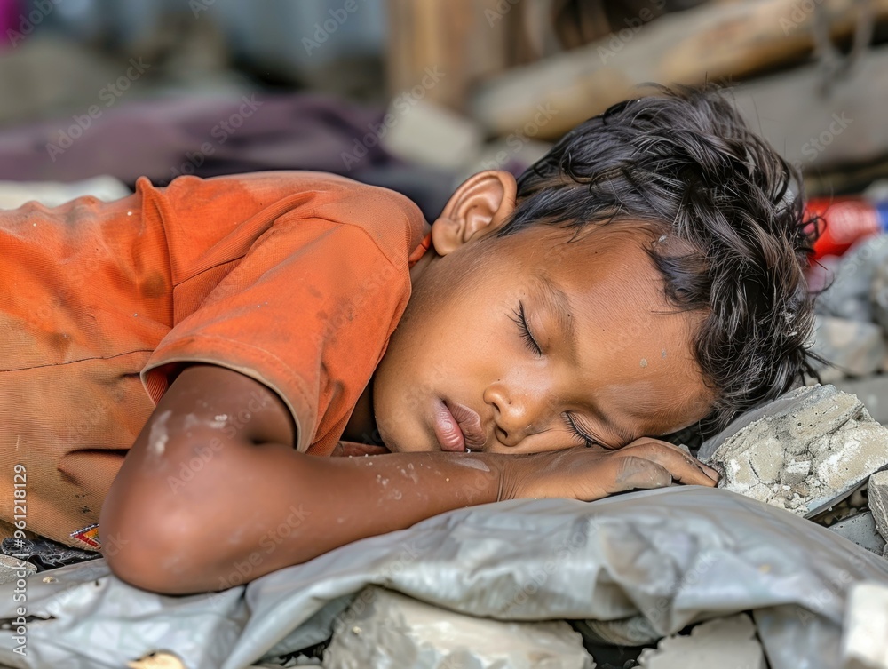 Wall mural a young boy sleeps soundly on a pile of debris. ai.