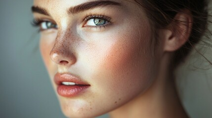 Close-up Portrait of a Young Woman with Freckles and Natural Makeup
