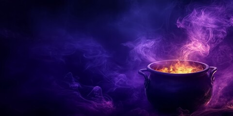 Cauldron is boiling with a magic potion emitting a colorful smoke in the darkness of halloween night