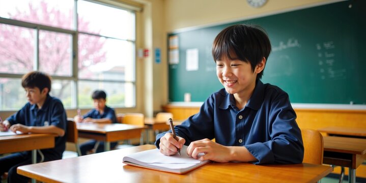 Cheerful Asian School Boy Writing Notes in Bright, Sunlit Classroom