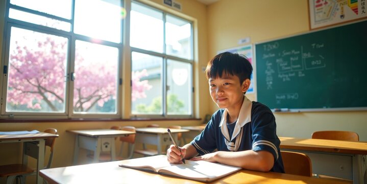 Focused Asian School Boy Writing Notes in Bright, Sunlit Classroom