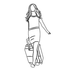 woman walking with suitcase standing sketch vector on white background