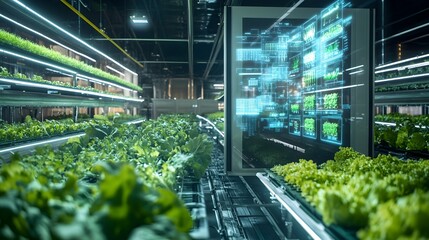 Holographic 3D projection displaying the detailed layout and crop information of a futuristic vertical farm showcasing the innovative technology and data driven approach to sustainable agriculture