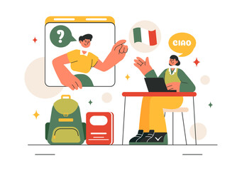 Language School Vector Illustration of Online Learning, Courses, Training Programs, and Studying Foreign Languages Abroad in a Flat Style Background