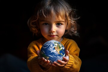 Human space exploration. World Space Week. 
The child holds the globe in his hands.