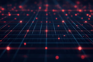 This image showcases a dark blue digital grid pattern on a black background, featuring glowing red lines and dots. The design creates a futuristic and high-tech atmosphere, perfect digital art , ai
