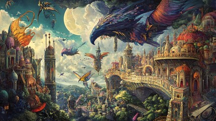 Fototapeta premium A vibrant birds-eye view of a fantastical landscape