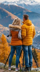 Naklejka premium Couple enjoying the view from a mountaintop. AI.