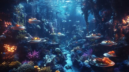 A vibrant birds-eye view of an underwater world intertwined with culinary delights