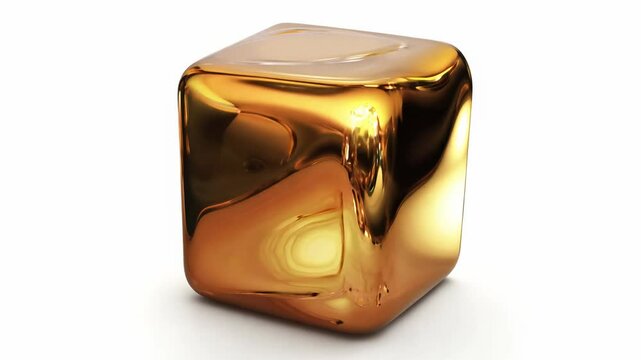 Realistic 3D animation of the abstract morphing liquid iridescent bronze cube with rounded edges rendered in UHD