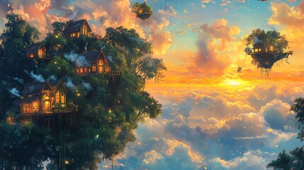 A vibrant panoramic view of a whimsical fantasy world