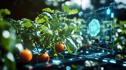 A holographic display showcasing a futuristic agricultural supply chain with automated logistics and data driven optimization  The seamless of technology robotics