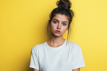 Fototapeta premium A studio close-up portrait of a young white woman wearing a casual t-shirt, with a colourful background.
