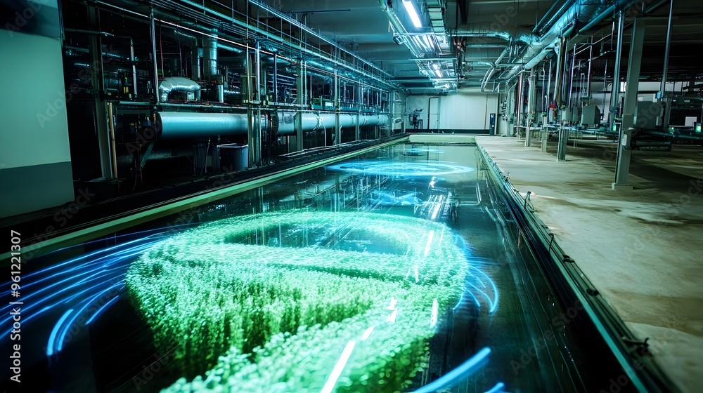 Poster holographic projection showcasing an advanced water management system equipped with smart sensors an