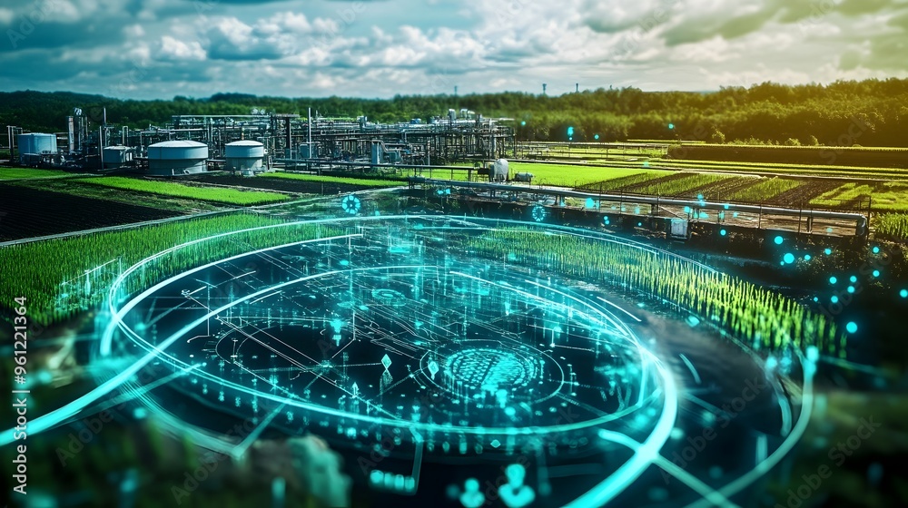 Poster holographic visualization showcasing an advanced water management system for a large scale farm feat