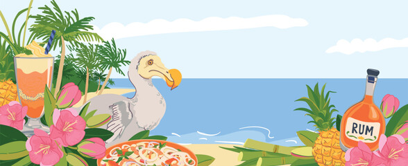 Panoramic horizontal view from the beach of Mauritius island. Dodo bird, trochetia boutoniana flowers, pineapple, rum, cocktail. Vector landmarks in flat style. Tropical paradise lagoon to relax. © Tata Pilip