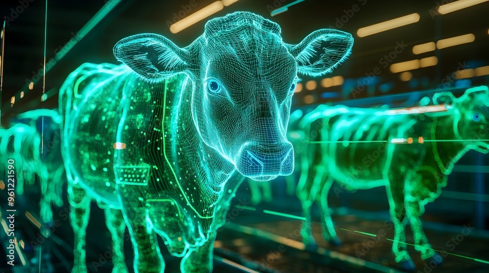 Poster holographic display demonstrating the of robotics and automation technologies in modern farming to e