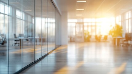 Fototapeta premium The modern office features a blurred background of glass walls and large windows that illuminate a minimalistic meeting room, ideal for collaboration