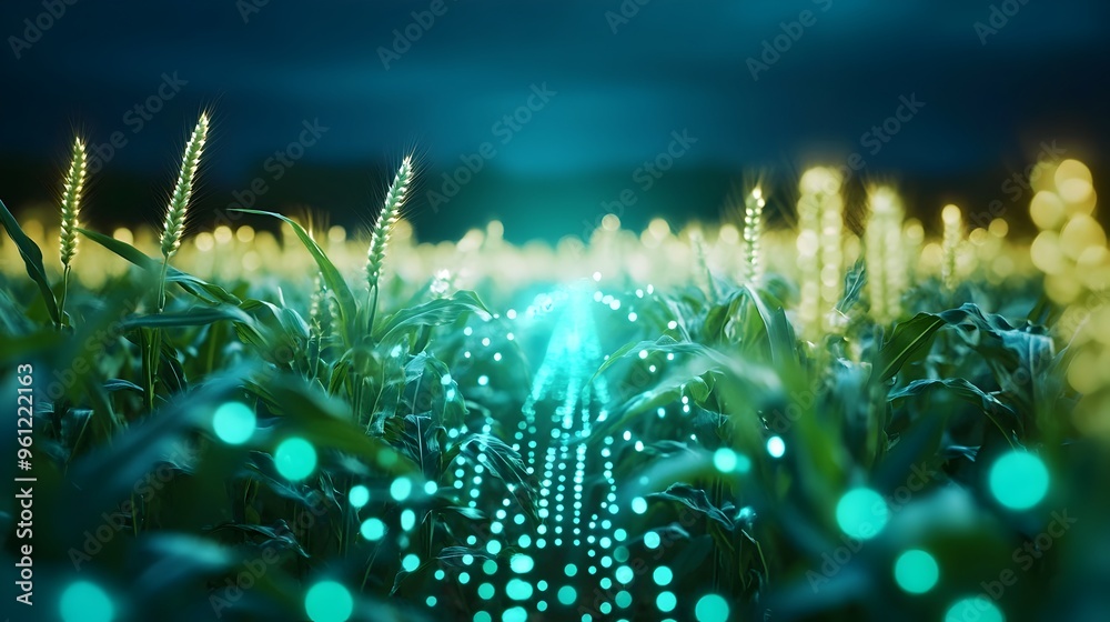 Poster holographic 3d visualization showcasing the power of algorithms in predicting crop yields for precis