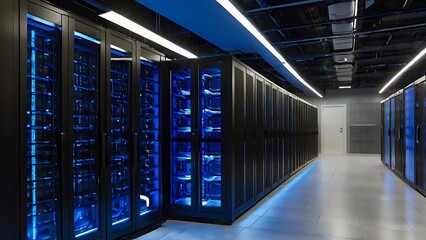 Row of network mega processors next to each other in a line with neon lights in the basement, internet center hardware technology and web related	