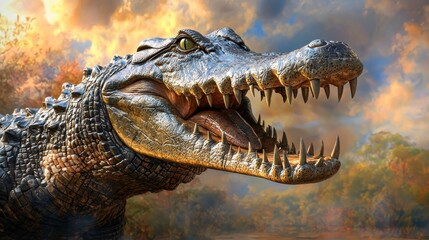 Obraz premium 3D crocodile with powerful jaws and a soft pastel background on the right, representing ancient predators in a zoo, style of