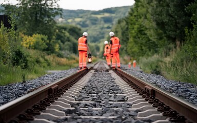A photo of focused railway tracks. There's a blurred background with railroad workers in high visibility clothing inspecting the site.