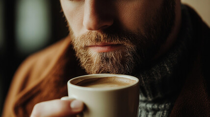 A thoughtful man enjoys warm cup of coffee, reflecting on life. His beard and cozy sweater add to intimate atmosphere.