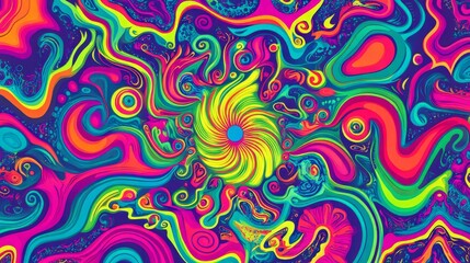 Obraz premium Psychedelic Dreams. A vibrant swirling psychedelic pattern with neon colors and intricate details, reminiscent of 1960s art, emphasizing fluid shapes and energetic movement