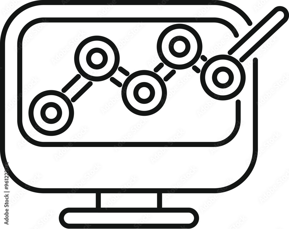 Poster line art vector icon of a computer screen showing blockchain technology with a growing arrow chart