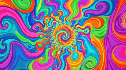 Psychedelic Dreams. A vibrant swirling psychedelic pattern with neon colors and intricate details, reminiscent of 1960s art, emphasizing fluid shapes and energetic movement