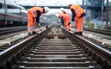 A photo of focused railway tracks. There's a blurred background with railroad workers in high visibility clothing inspecting the site.