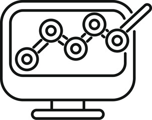 Line art vector icon of a computer screen showing blockchain technology with a growing arrow chart