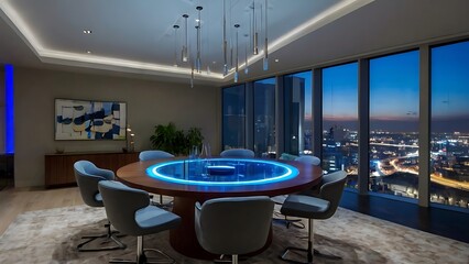 Interior design modern living room with large panoramic windows view to city and intelligent furniture, smart house full of monitors