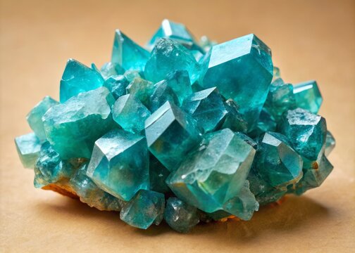 A stunning photo captures a cluster of vibrant blue-green brucite crystals perched on a soft, creamy background, exhaling serenity and natural beauty.