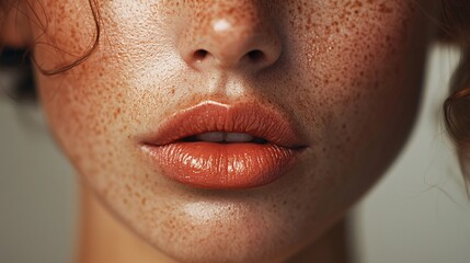 Fototapeta premium Closeup of a Woman's Face with Freckles and Soft Lips