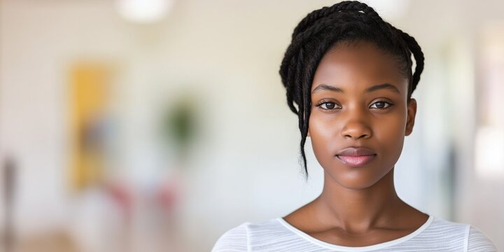 A close-up portrait of a young black woman wearing a casual t-shirt, with a blurred background.