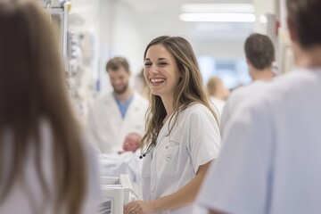 Young female doctor is laughing in a busy maternity hospital corridor, surrounded by colleagues