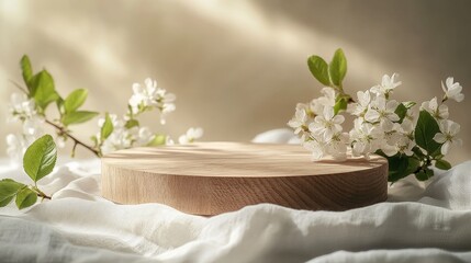 A circular wooden display stand taken up close is placed on a soft white cloth, surrounded by delicate flowers and green leaves. Set against a beige background, minimalist design style