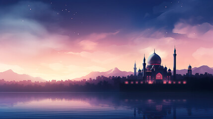 Obraz premium generated illustration of Ramadan Kareem mosque ,minimalist of a mosque against the backdrop.