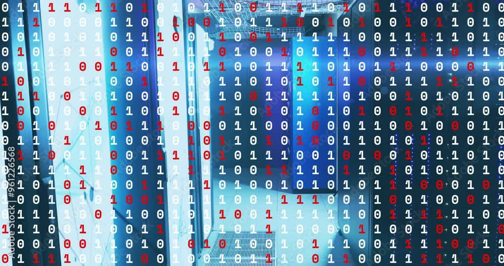 Poster binary code in red and white over animation of server room