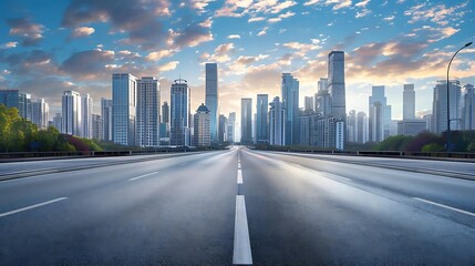 Asphalt road and modern city buildings under blue sky