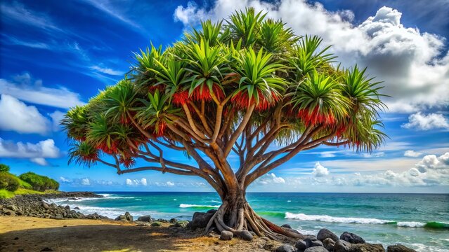 "Majestic native Hawaiian tree, Hala tree (Pandanus tectorius), with overlapping fan-shaped leaves and bright red seed pods growing on a tropical shoreline."