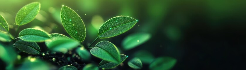 Obraz premium Close-up view of fresh green leaves with dew droplets, showcasing vibrant colors and natural beauty in a lush environment.